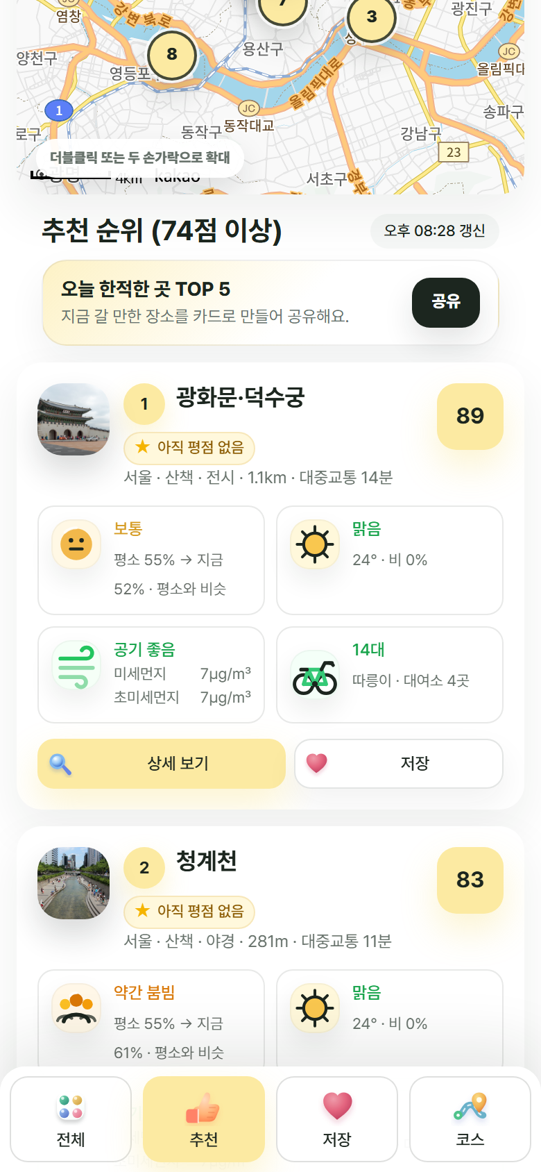 틈새나들이에서 나들이 장소의 날씨와 공기질을 확인하는 화면