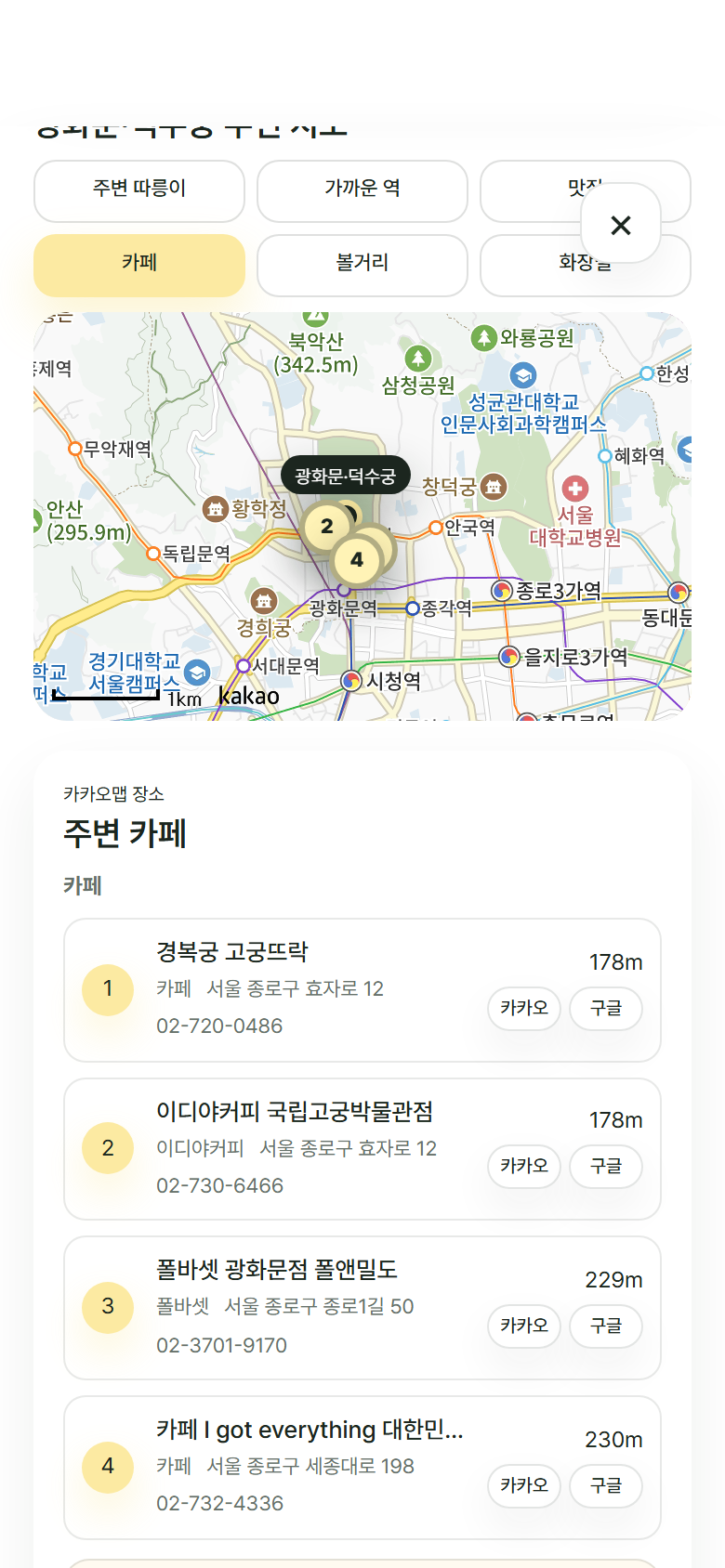 서울 나들이 장소 주변 음식점 후보를 보는 화면