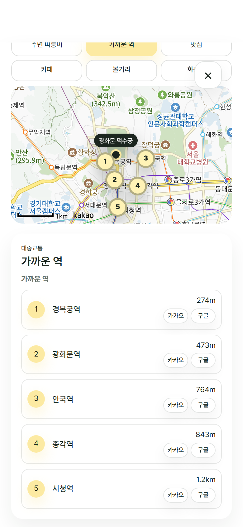 틈새나들이 장소 상세의 가까운 역과 교통 정보 화면