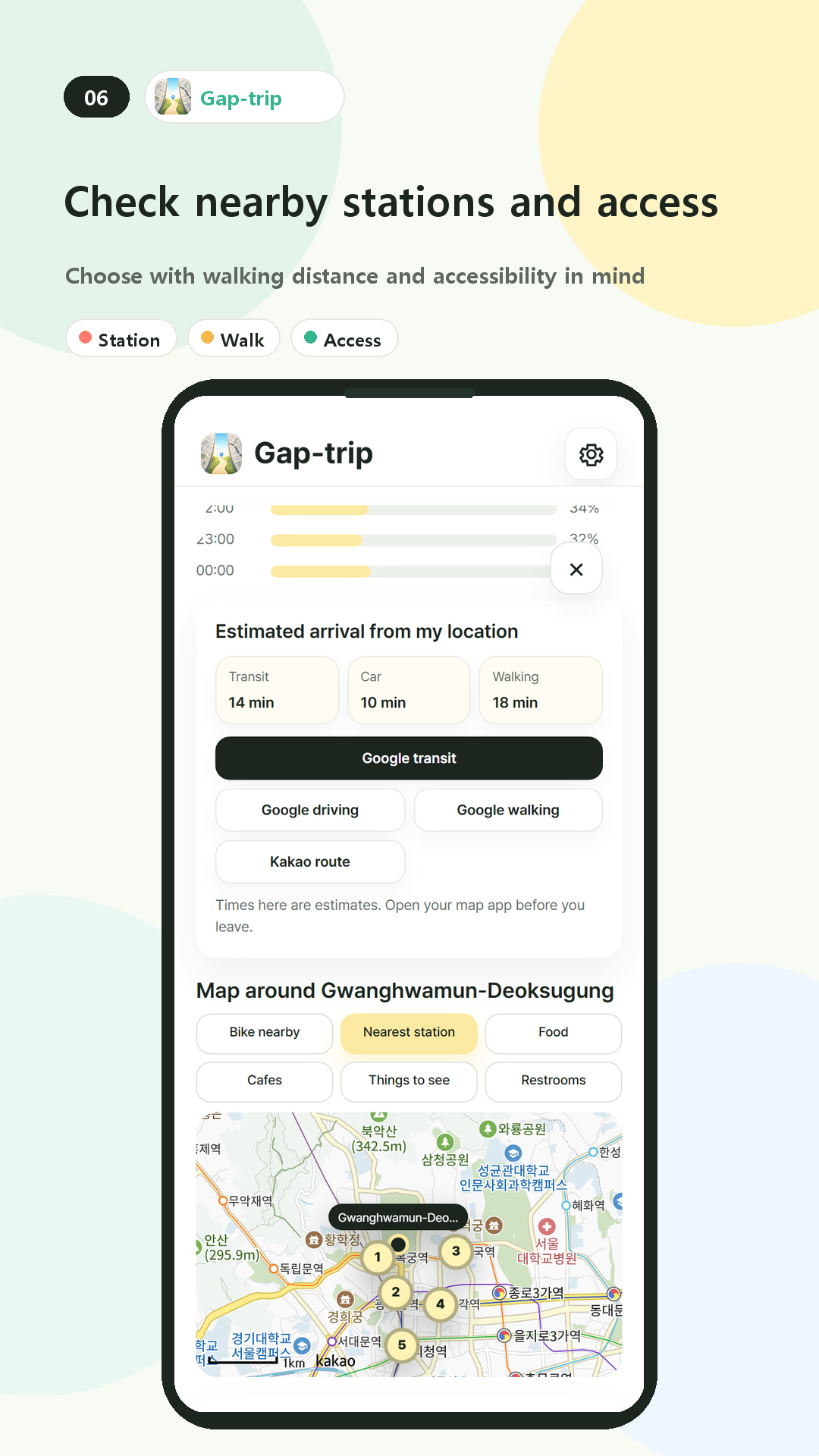 Gap-trip screen with transit, driving, walking estimates and nearby station map in English